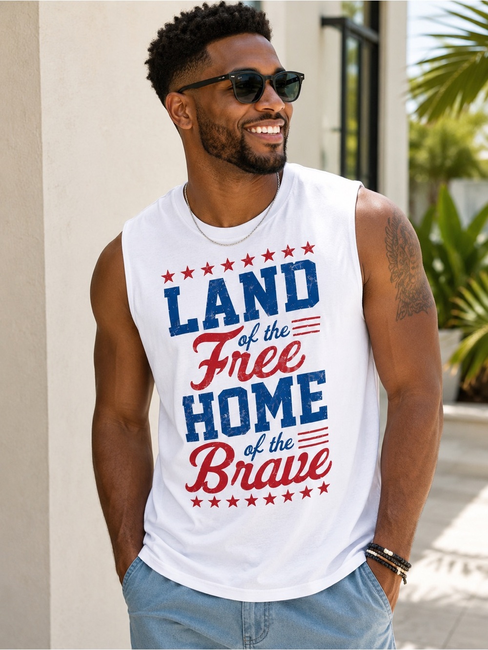 Celebrate Patriotic Land of the Free Home of the Brave Tank Top L